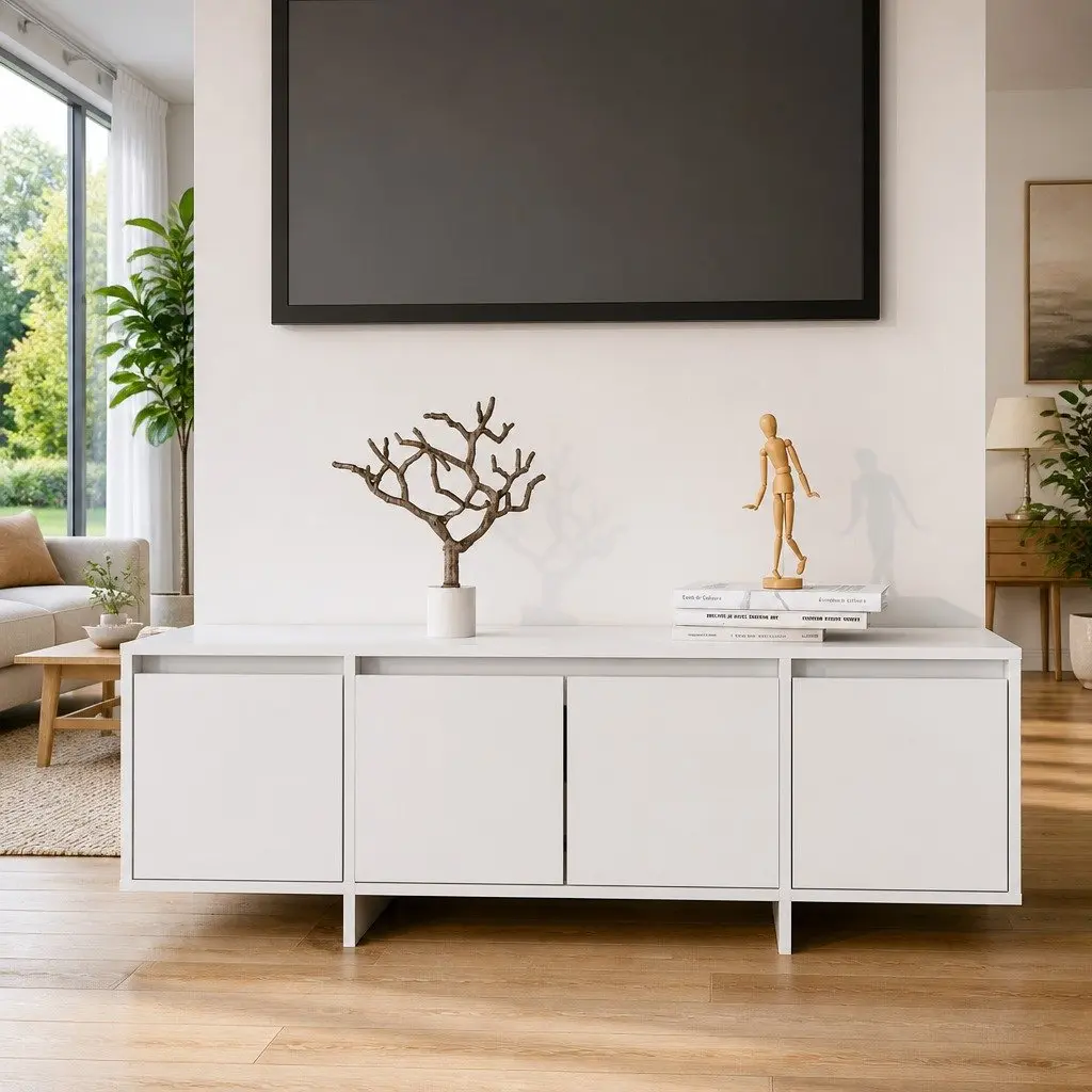 TV Cabinet White 120cm 4 Door Storage Unit Durable Lowboard Furniture