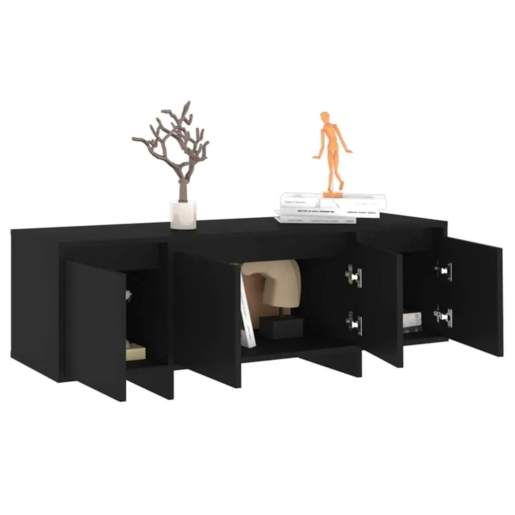 Black 4-Door Lowboard TV Cabinet Engineered Wood Living Room Storage Unit