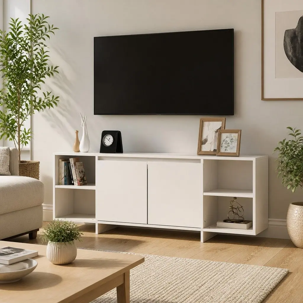 White TV Cabinet with Doors and Shelves