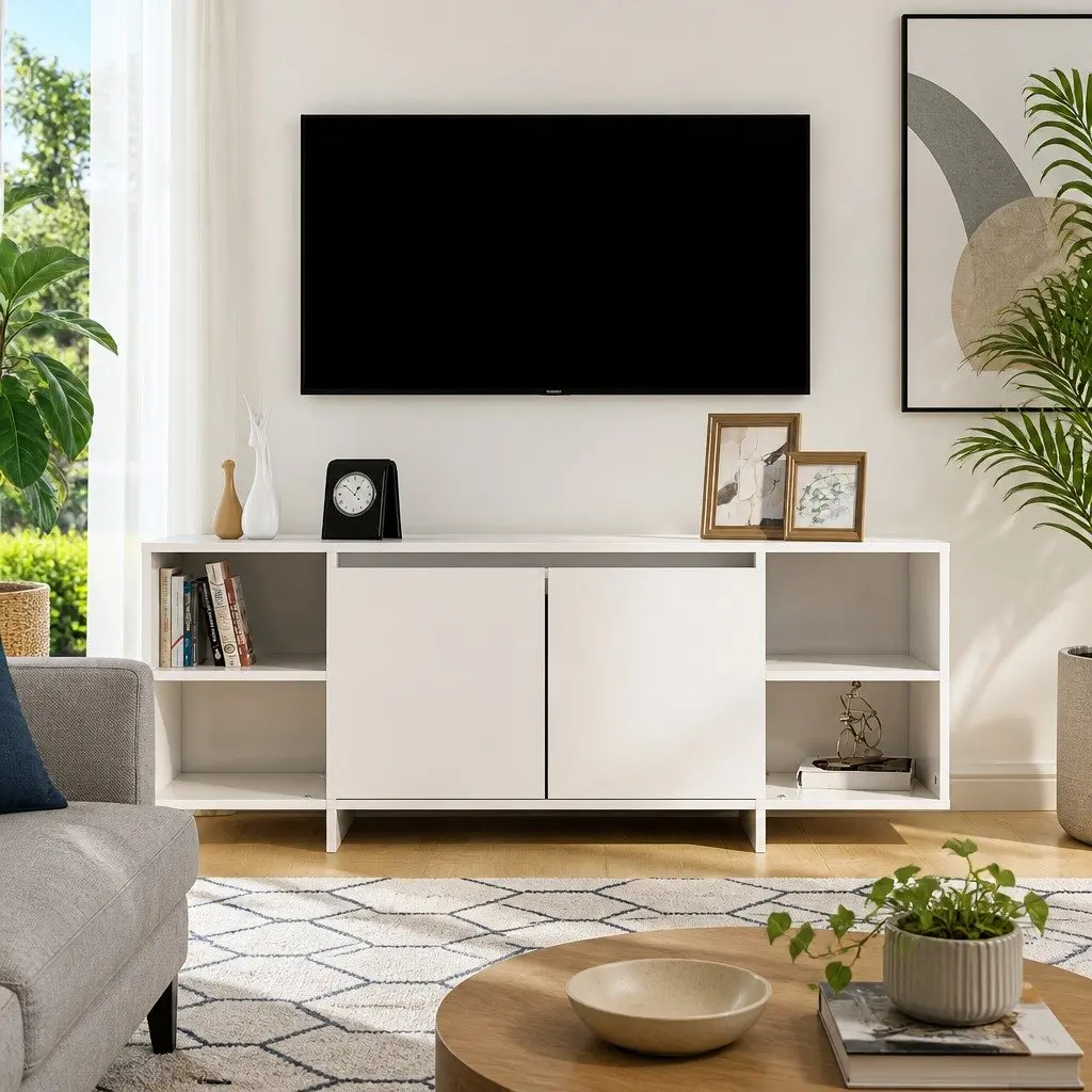 White High Gloss TV Stand 130cm with 2 Doors and 2 Shelves Entertainment Unit Storage Cabinet 35cm Depth and 50cm Height