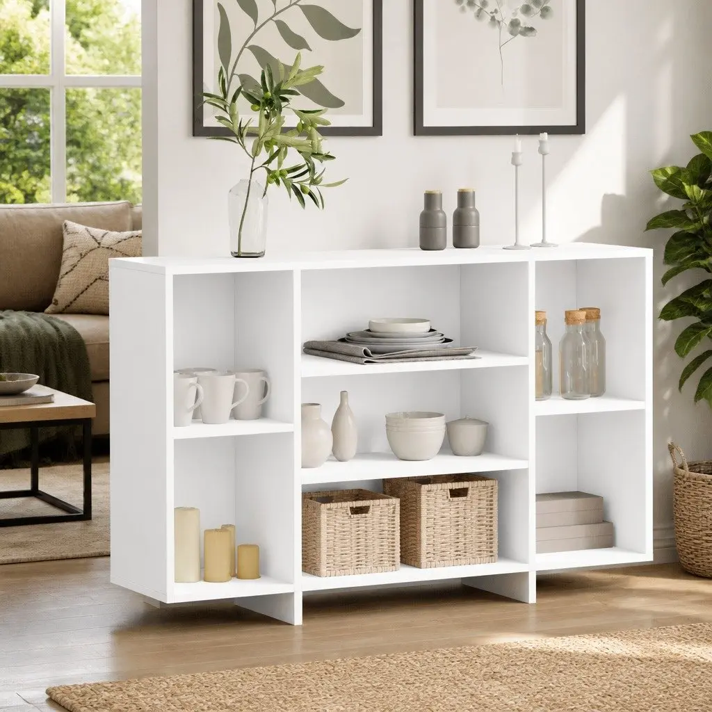Sideboard White Engineered Wood 4 Shelves Modern Storage Cabinet