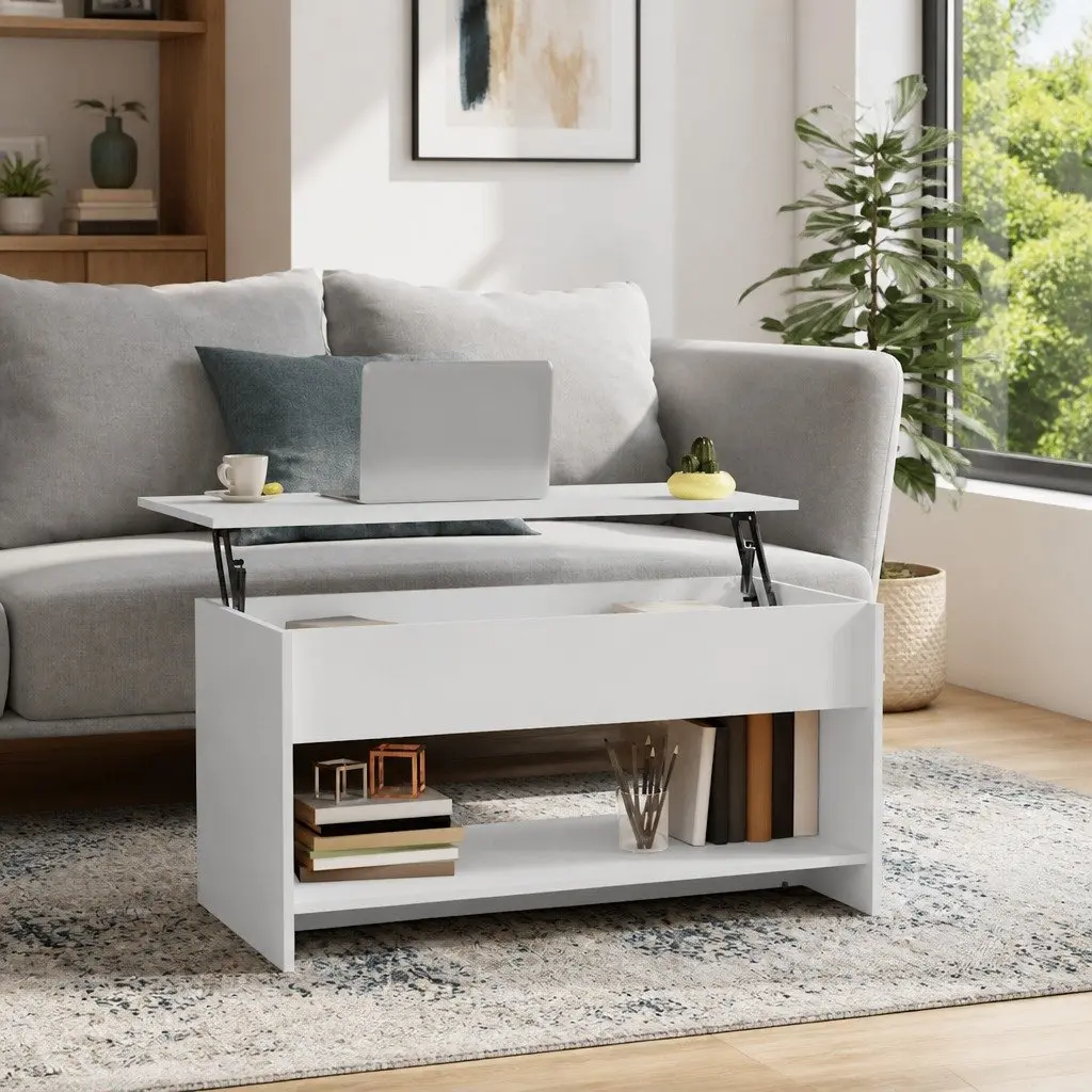White Coffee Table Adjustable Height Lift Top Engineered Wood Storage Compartment