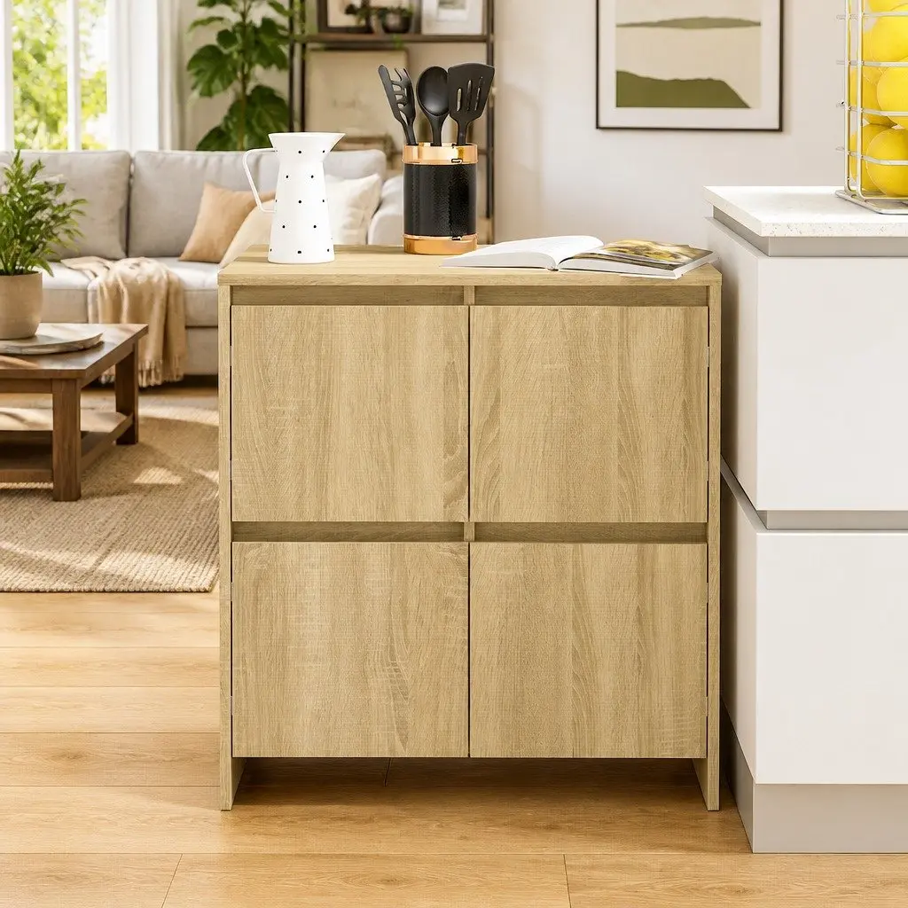 Sideboard Brown 4 Door Engineered Wood Minimalist Storage Cabinet