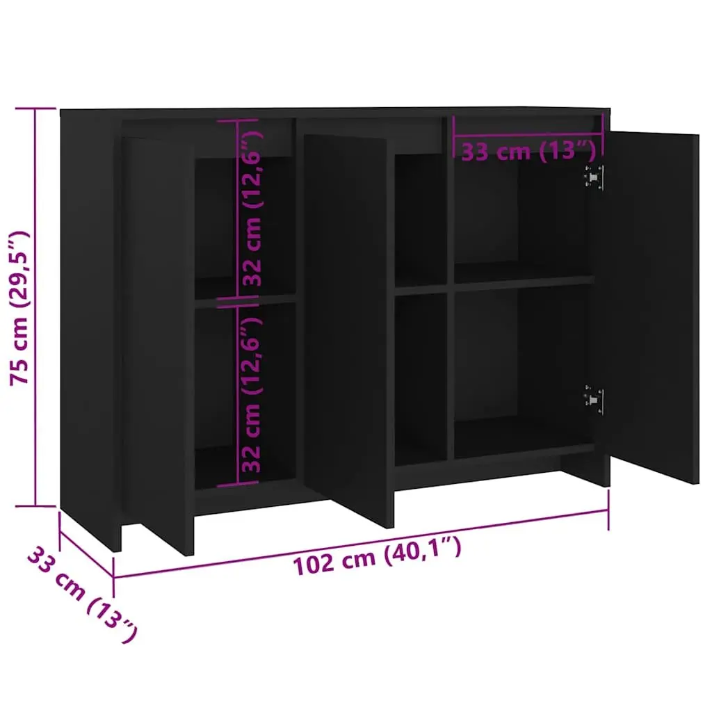 Sideboard Storage Cabinet Black 3 Door Engineered Wood Display