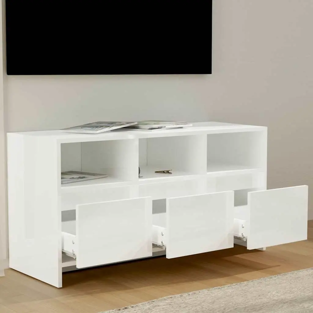 TV Cabinet White High Gloss 102cm Storage Unit with 3 Drawers and 3 Compartments