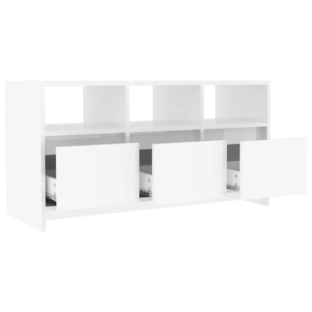 TV Cabinet White High Gloss 102cm Storage Unit with 3 Drawers and 3 Compartments