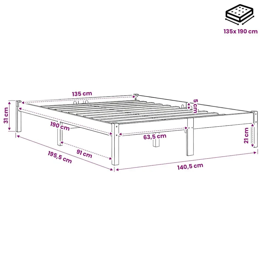 White Bed Frame 135x190 cm with Slatted Base