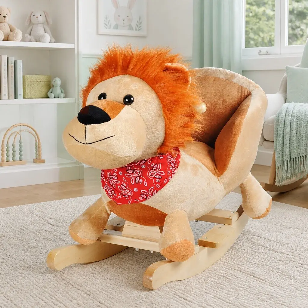 Rocking Animal Lion Plush Beige Baby Rocker Toy Padded Seat Gentle Rocking Motion