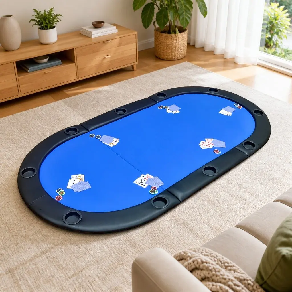 Poker Tabletop Blue Foldable 10 Player Racetrack Padded Playing Surface with Cup Holders