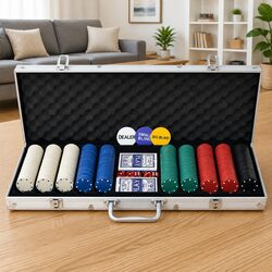 Poker Set 500 Chips Casino Dice Cards Buttons Aluminium Case Game Night