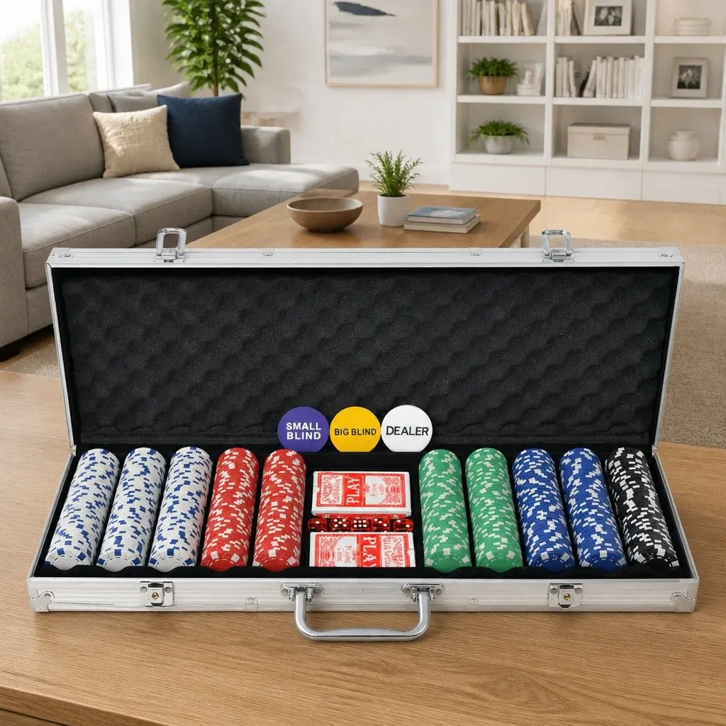 Poker Set Aluminium Case 500 Chips 2 Decks Cards 5 Dice Buttons