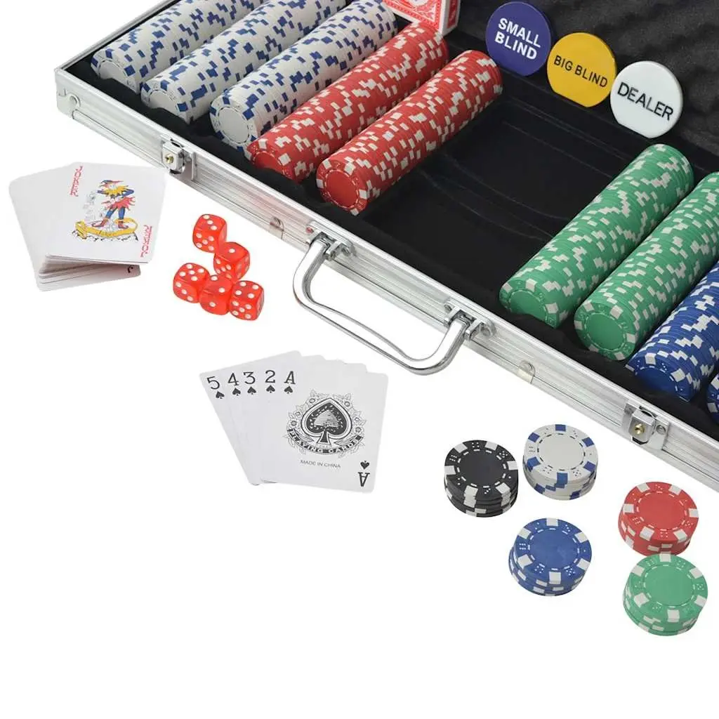 Poker Set Aluminium Case 500 Chips 2 Decks Cards 5 Dice Buttons