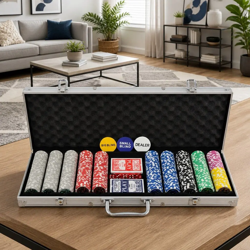 Poker Set Aluminium Case 500 Laser Chips 2 Decks of Cards 5 Casino Dice Buttons