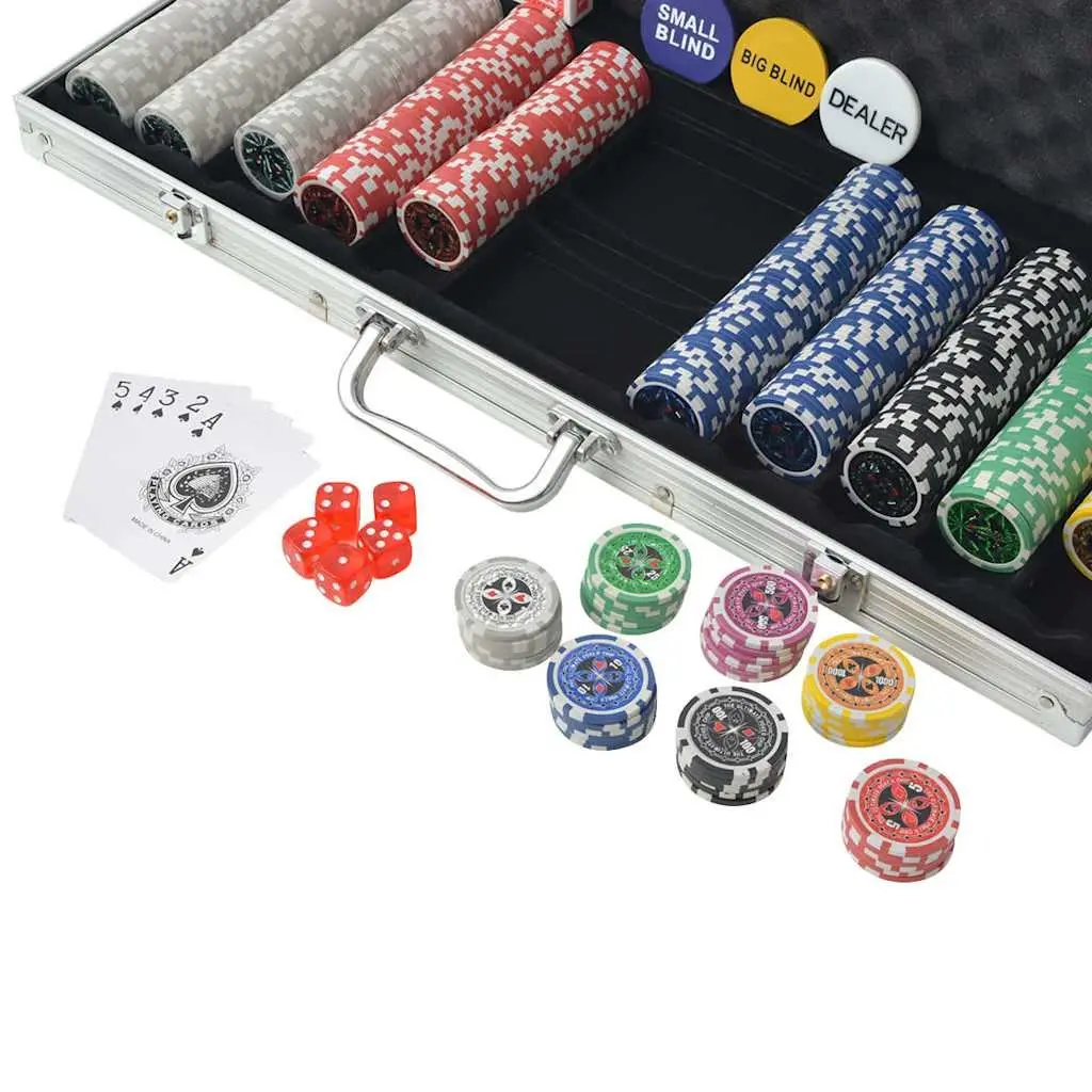 Poker Set Aluminium Case 500 Laser Chips 2 Decks of Cards 5 Casino Dice Buttons
