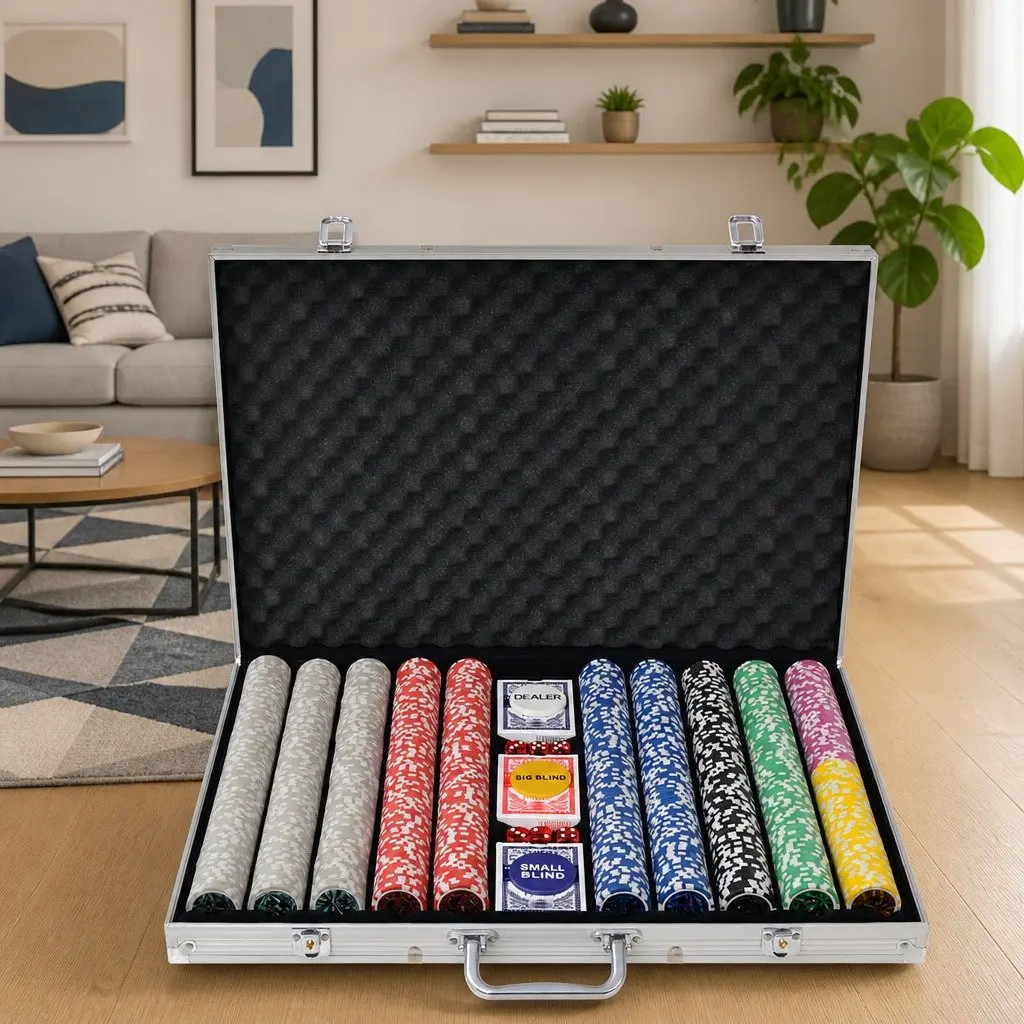 Poker Set 1000 Laser Chips Aluminium Case 3 Decks of Cards 6 Casino Dice Game Night