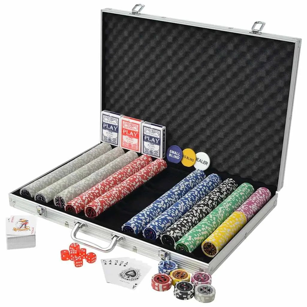 Poker Set 1000 Laser Chips Aluminium Case 3 Decks of Cards 6 Casino Dice Game Night
