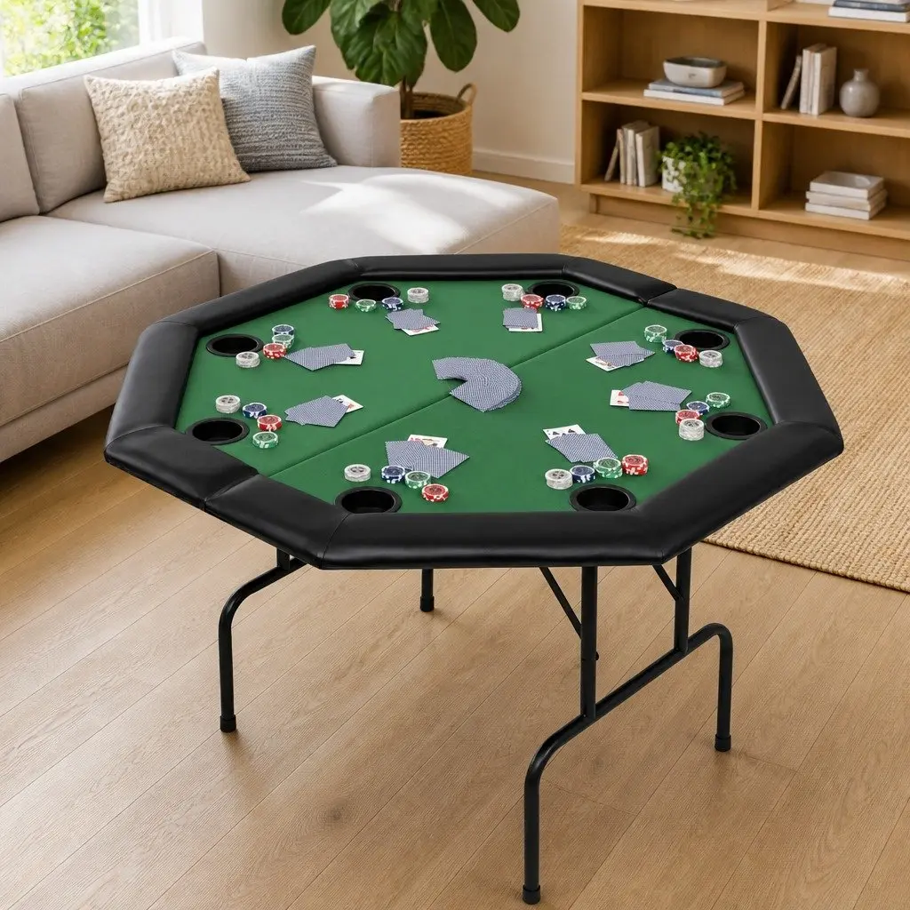 Folding Poker Table Green Octagonal 8 Player Cup Holders Padded Rim