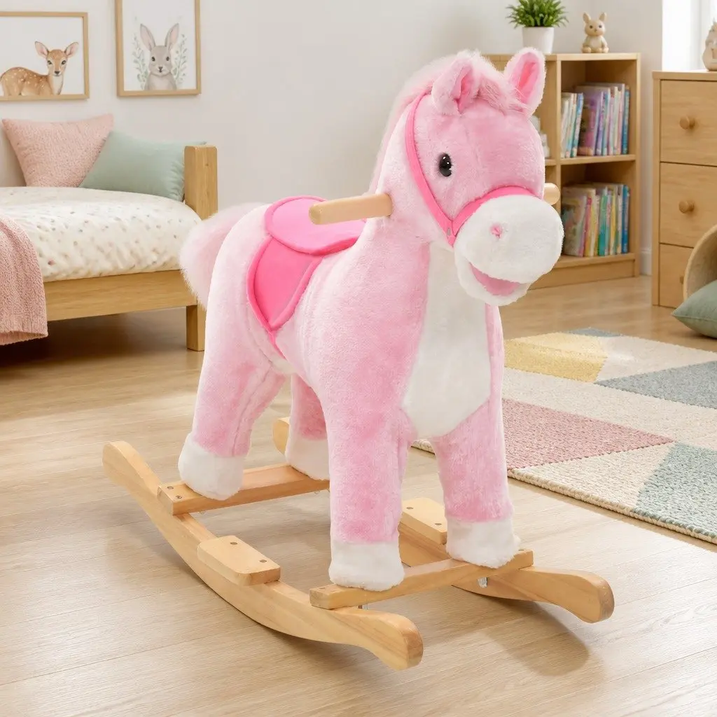 Plush Rocking Horse Pink Kids Riding Toy Soft Padding Metal Frame Wooden Base 65x32x58cm