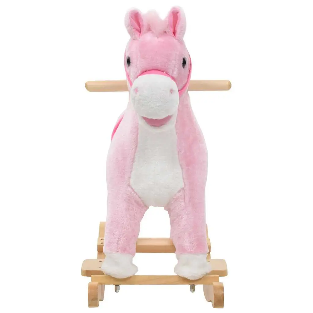 Plush Rocking Horse Pink Kids Riding Toy Soft Padding Metal Frame Wooden Base 65x32x58cm
