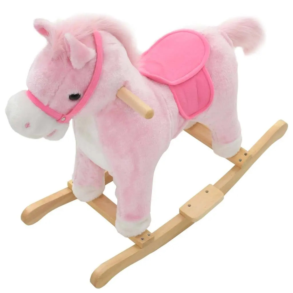Plush Rocking Horse Pink Kids Riding Toy Soft Padding Metal Frame Wooden Base 65x32x58cm