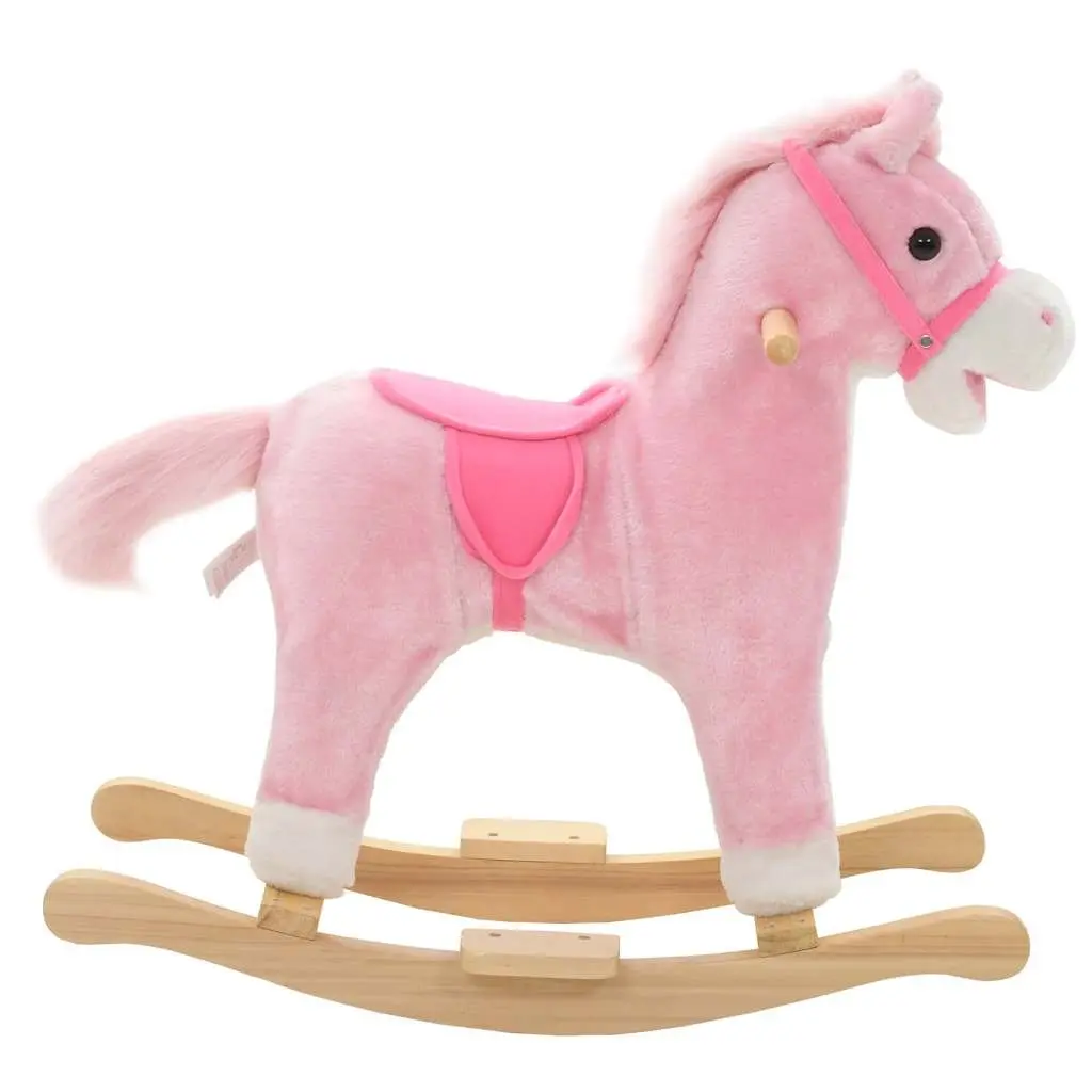 Plush Rocking Horse Pink Kids Riding Toy Soft Padding Metal Frame Wooden Base 65x32x58cm