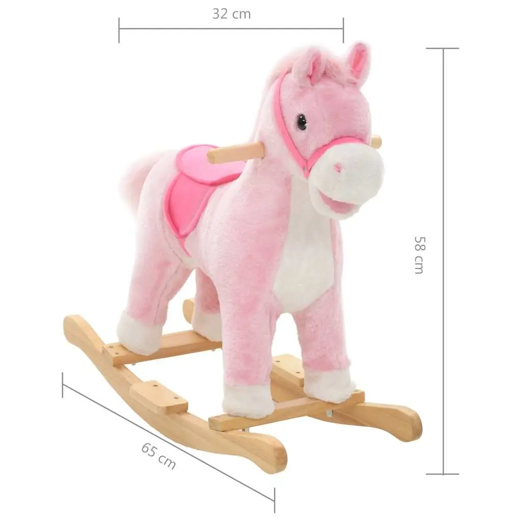Plush Rocking Horse Pink Kids Riding Toy Soft Padding Metal Frame Wooden Base 65x32x58cm