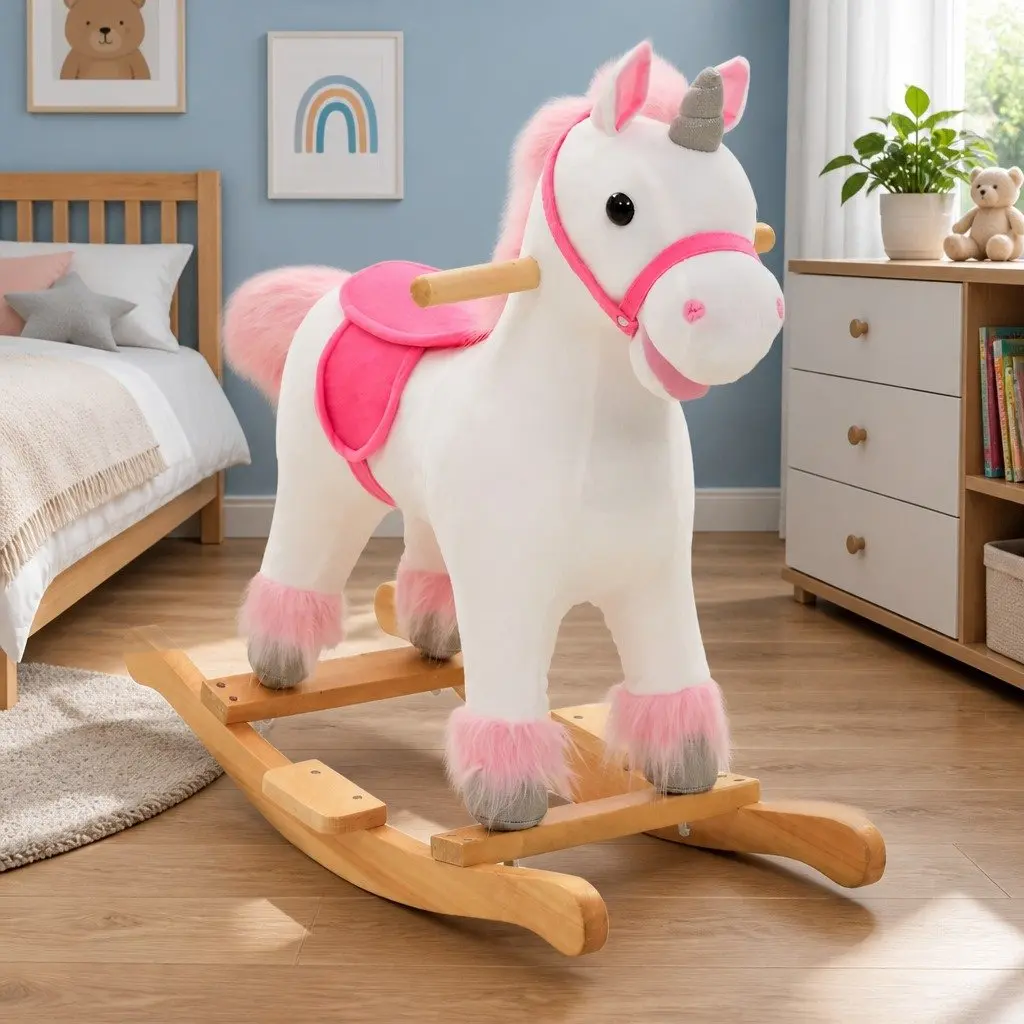 Rocking Unicorn Plush Toy White and Pink 65 x 32 x 58 cm Soft Plush Cover Metal Frame Wooden Base