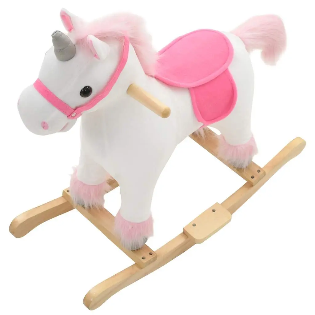 Rocking Unicorn Plush Toy White and Pink 65 x 32 x 58 cm Soft Plush Cover Metal Frame Wooden Base