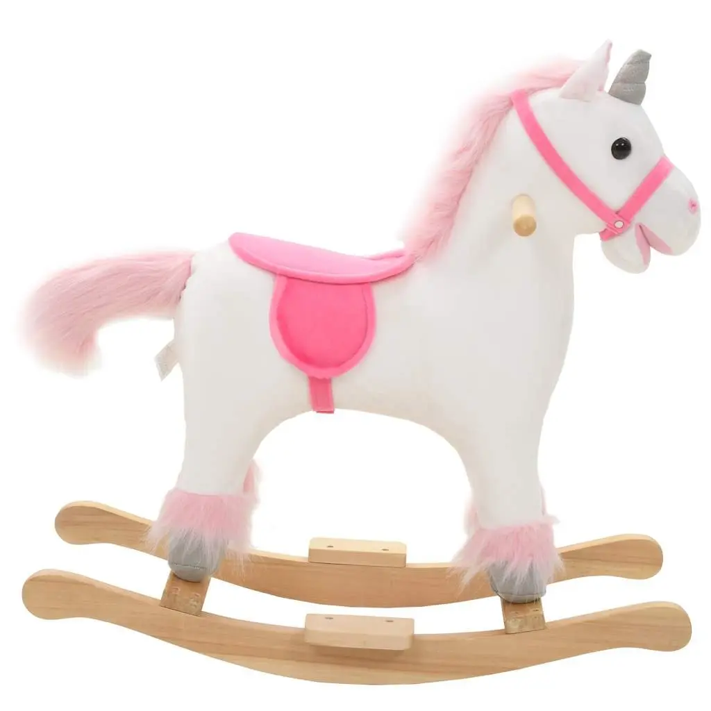 Rocking Unicorn Plush Toy White and Pink 65 x 32 x 58 cm Soft Plush Cover Metal Frame Wooden Base