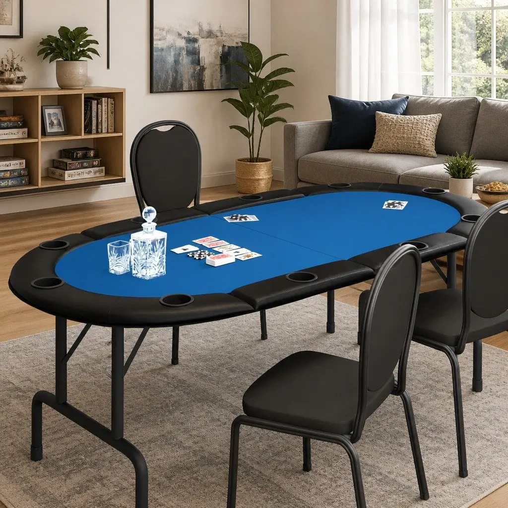Poker Tabletop Blue 10 Player Foldable Casino-Grade Felt with Cup Holders