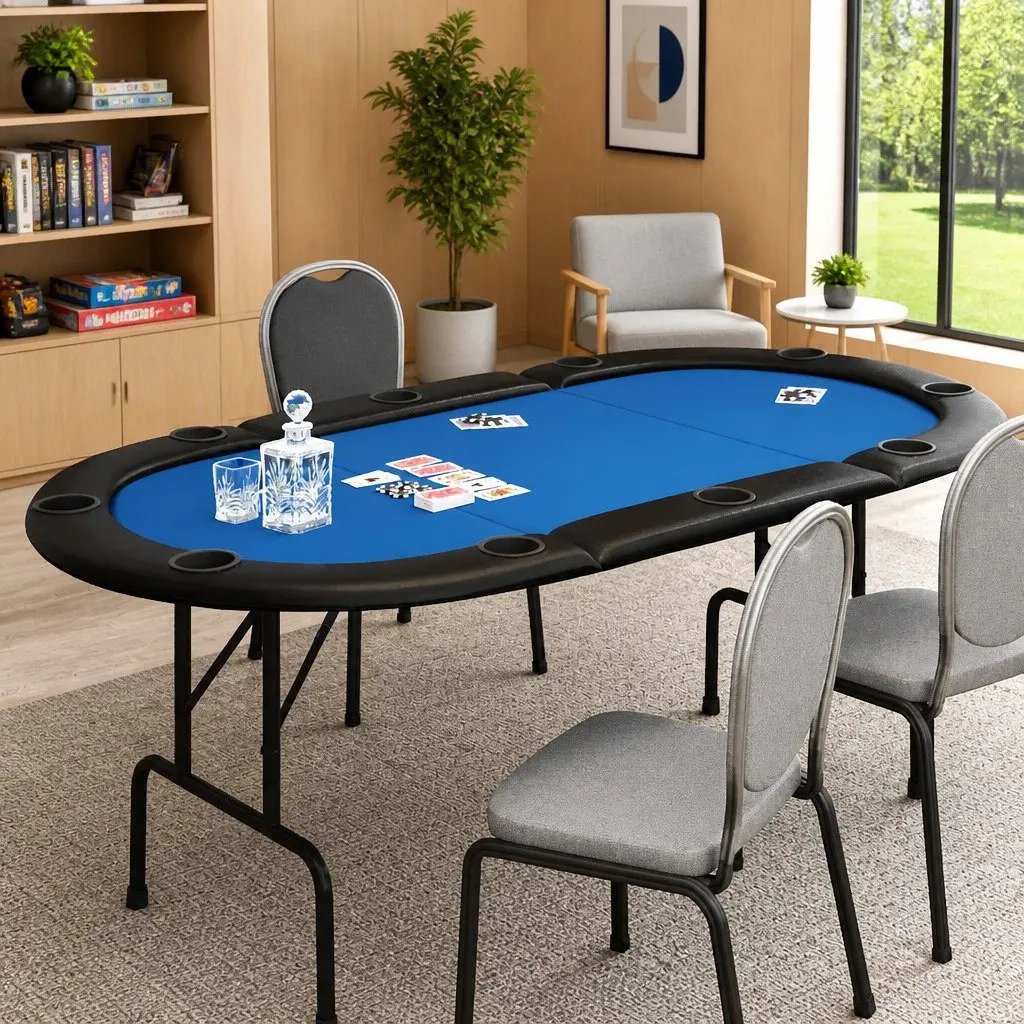 Poker Table 10-Player Folding Game Card Table Blue 207x106x76cm Casino Style