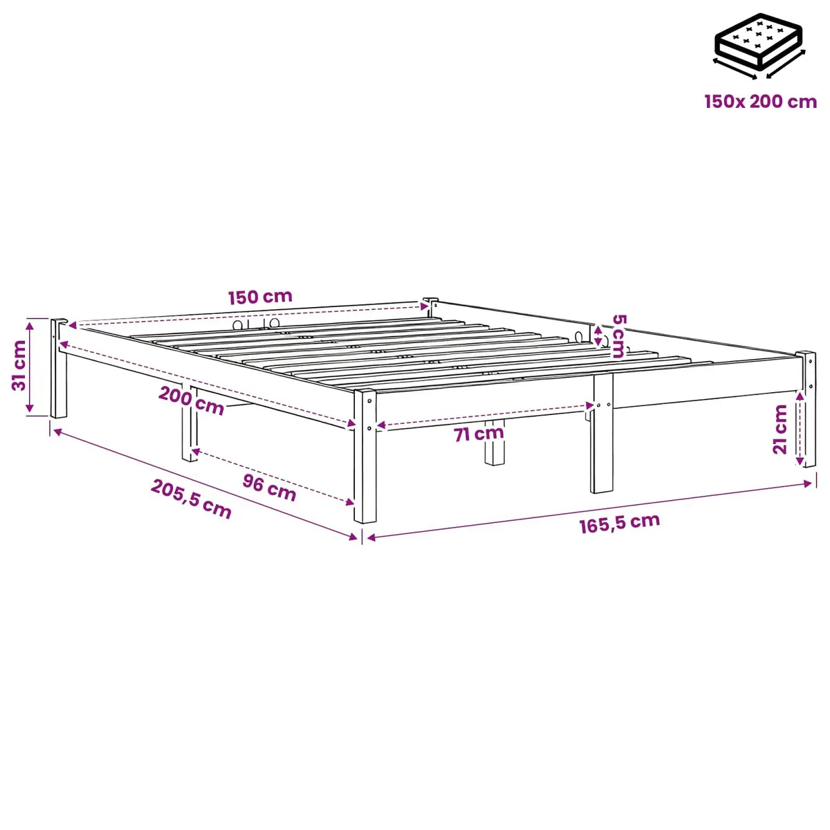 Solid Wood Bed Frame Brown 150x200 cm Slatted Base