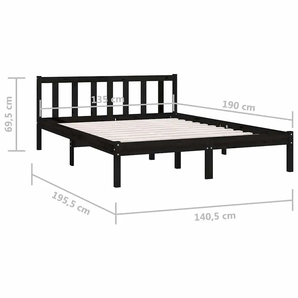 Bed Frame Black Solid Wood 135x190 cm Slatted Base Modern Bedroom Furniture