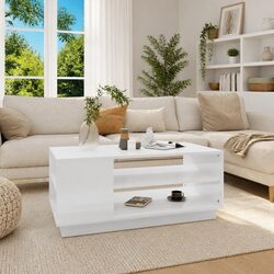 White High Gloss Coffee Table with Storage Shelves Modern Living Room Accent