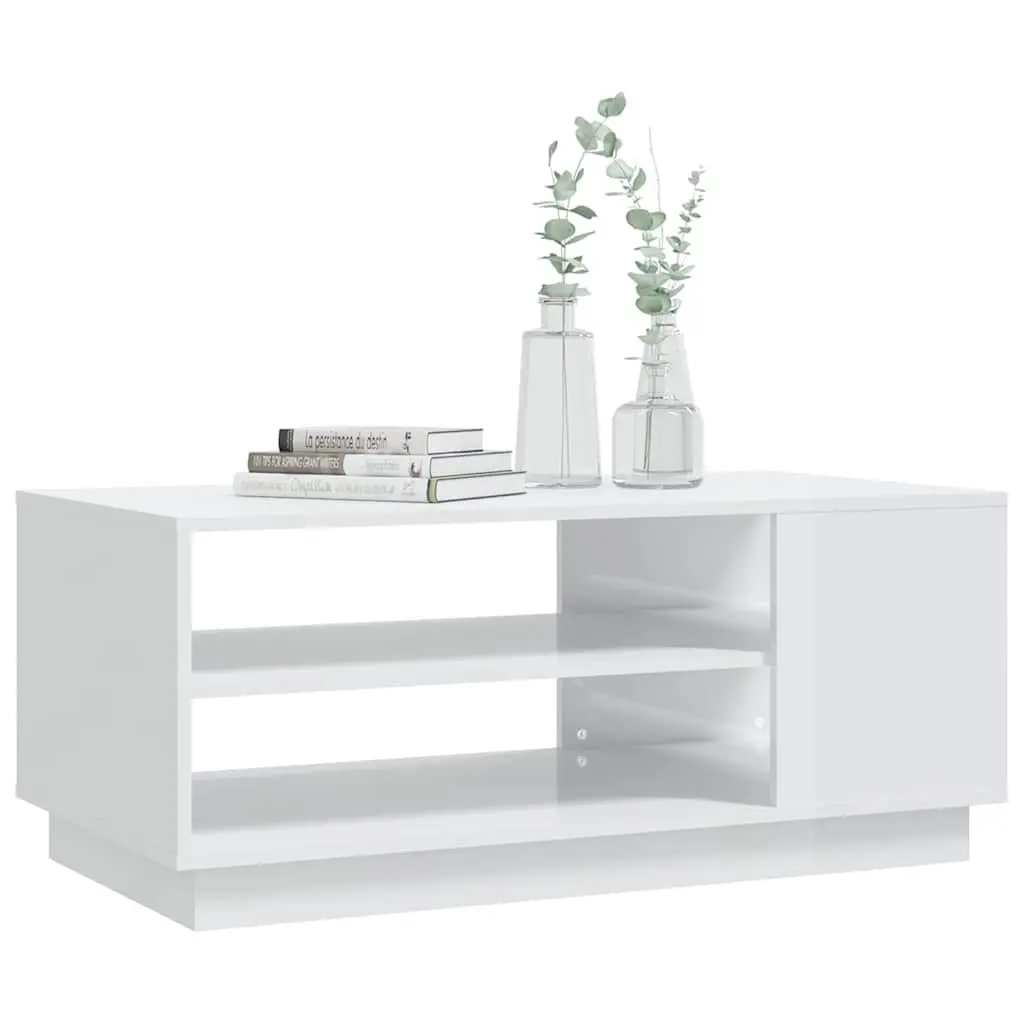Coffee Table White High Gloss Modern with Storage Shelves