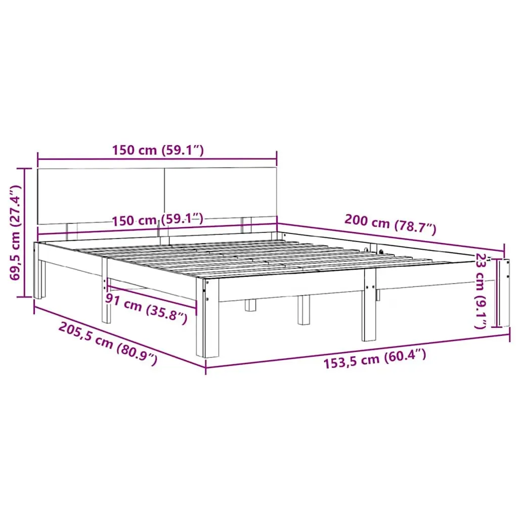 Wooden Bed Frame White 150x200cm Modern Solid Pine Wood Slatted Base Bedroom