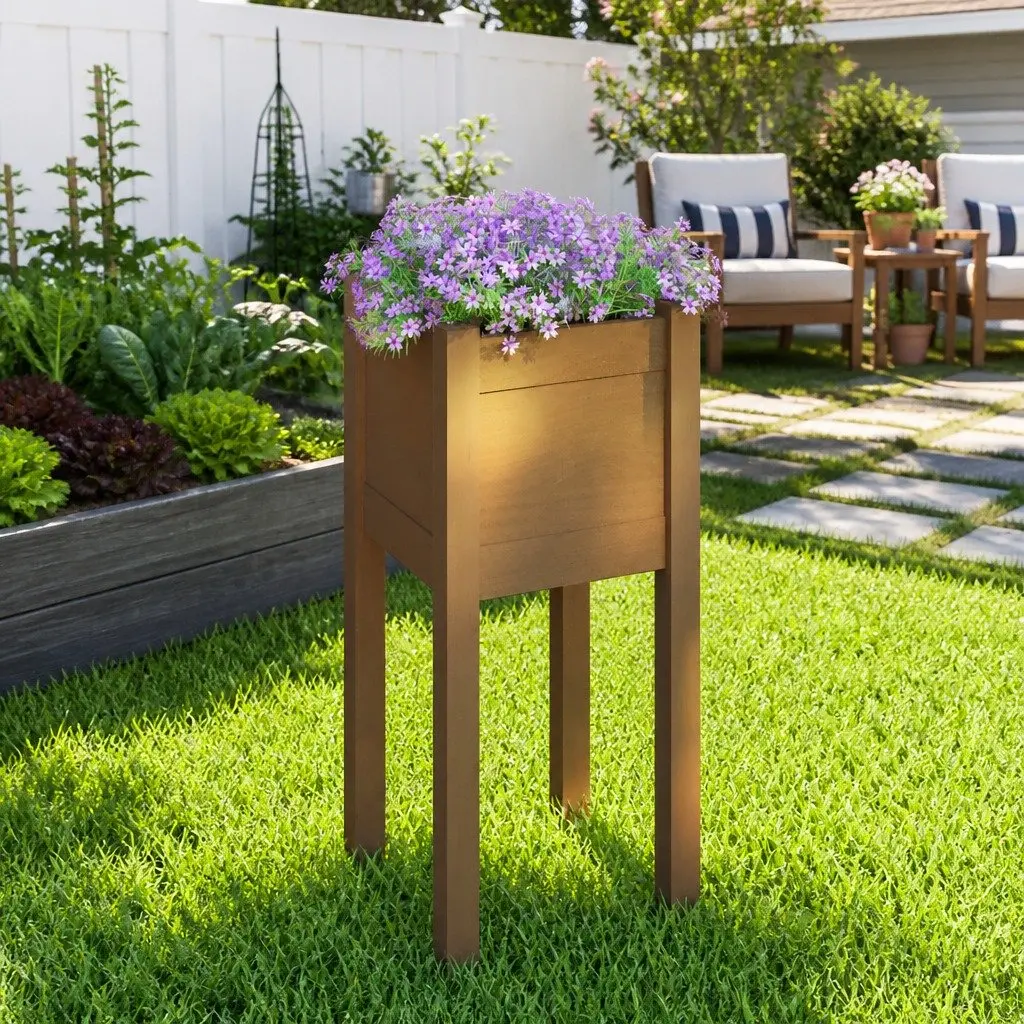 Raised Garden Planter Box Brown 31x31x70cm Solid Pinewood Weather-Resistant Outdoor Flower Bed