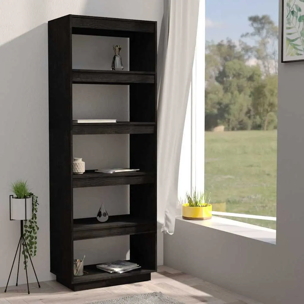 Book Cabinet Black Solid Pinewood Room Divider Shelving Unit
