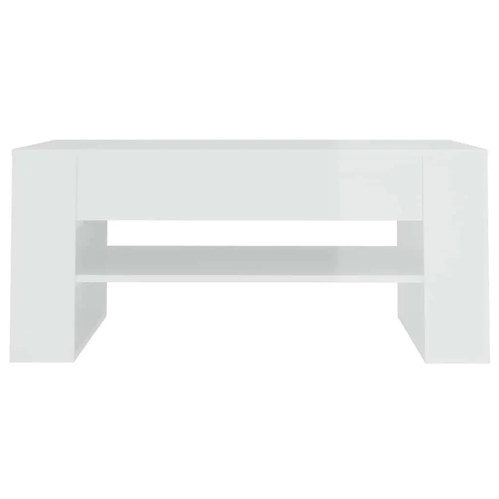 Coffee Table White High Gloss 102cm Storage Shelf Smooth Top Surface