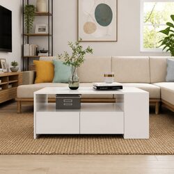 White Coffee Table with Drawers and Shelves