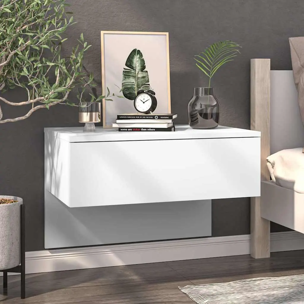 Floating Storage Units White Wall-mounted Bedside Cabinets 2 Piece Engineered Wood