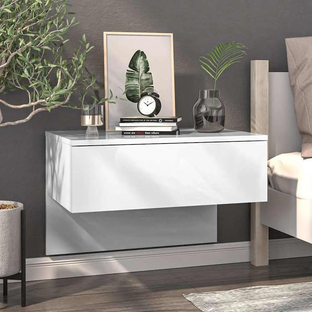 Wall-Mounted Bedside Cabinets High Gloss White Floating Storage Units 2 Piece