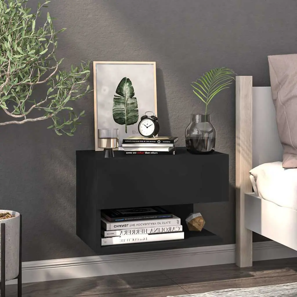 Wall-mounted Bedside Cabinets Black 2 Piece Floating Storage Unit