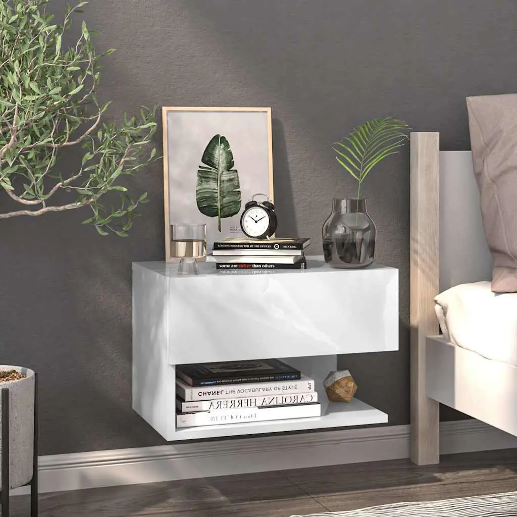 Wall-mounted Bedside Cabinets White High Gloss 2 Piece Space-saving Floating Storage Unit