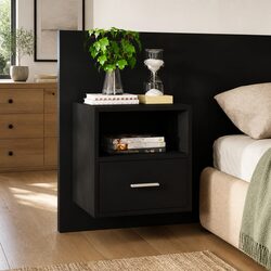 Sleek Black Wall-mounted Bedside Cabinet with Drawer