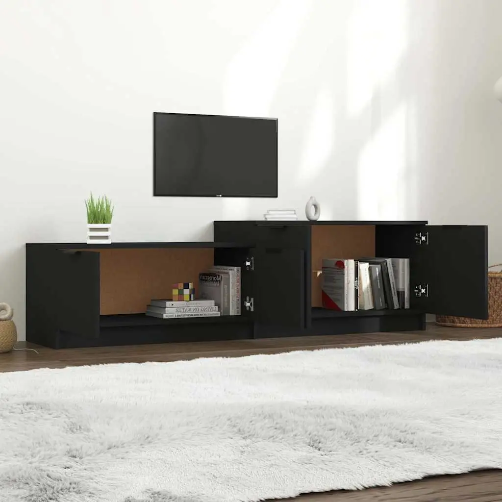 Black TV Cabinet with Four Doors Two Compartments Engineered Wood Storage Unit for Living Room Media 1585x360x450mm