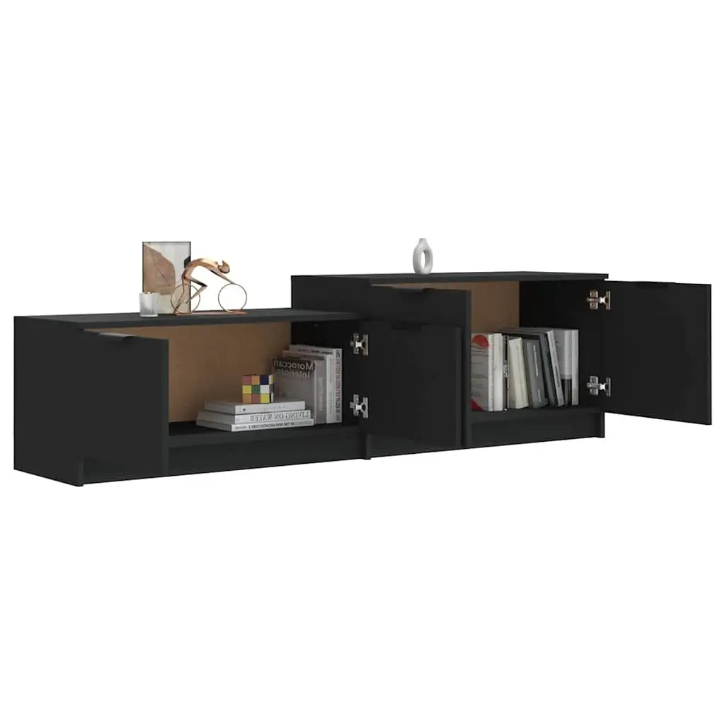 Black TV Cabinet with Four Doors Two Compartments Engineered Wood Storage Unit for Living Room Media 1585x360x450mm
