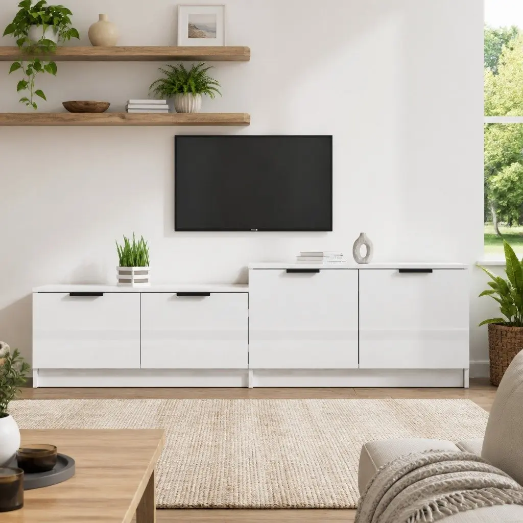 TV Cabinet White High Gloss Modern Storage Unit with Doors and Compartments