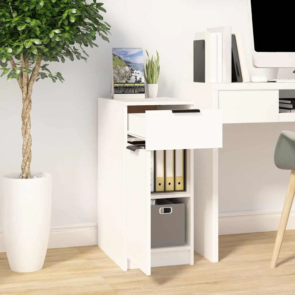 Desk Cabinet White Engineered Wood Storage Unit with Drawer Compartments