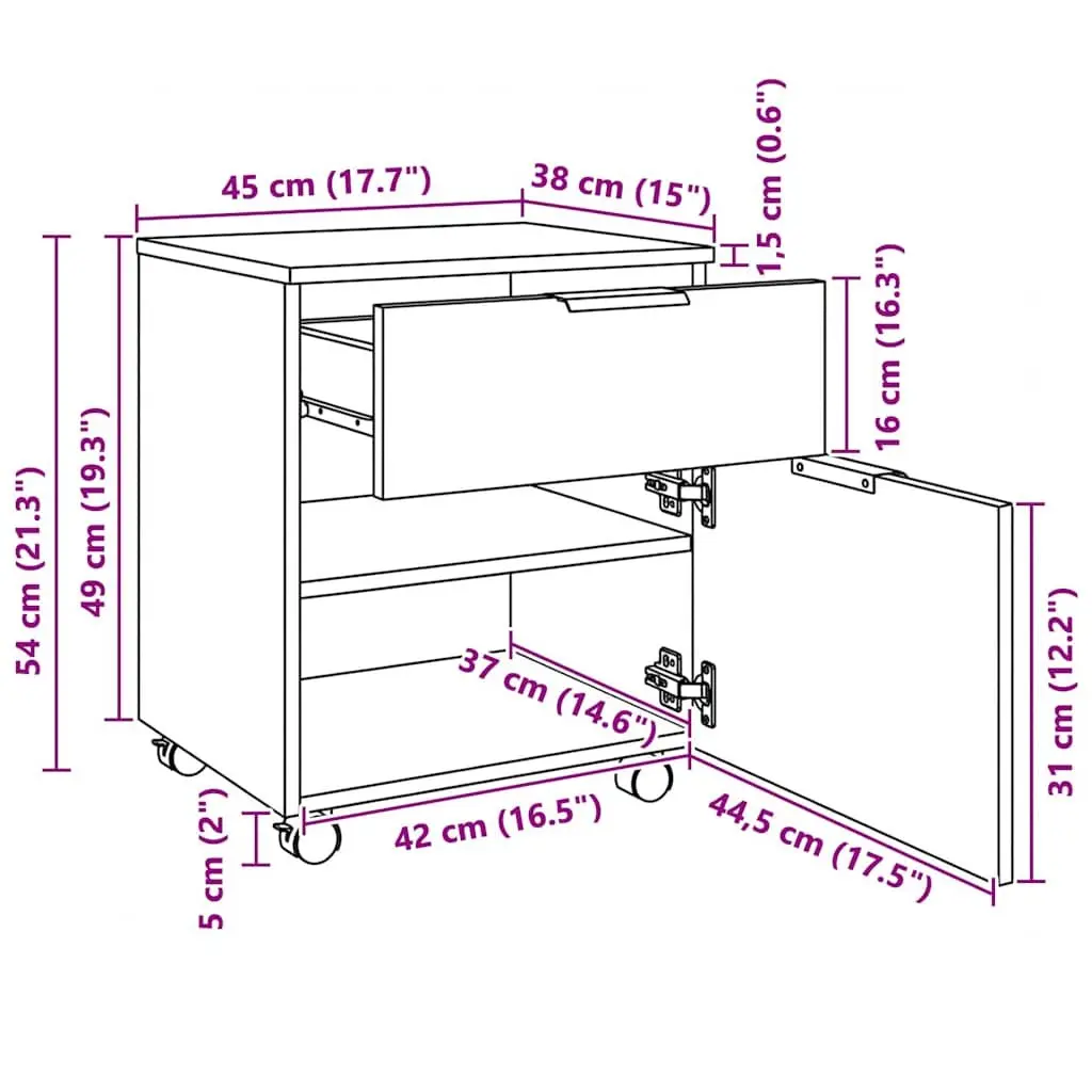 Mobile File Cabinet White 45x38x54cm with Wheels